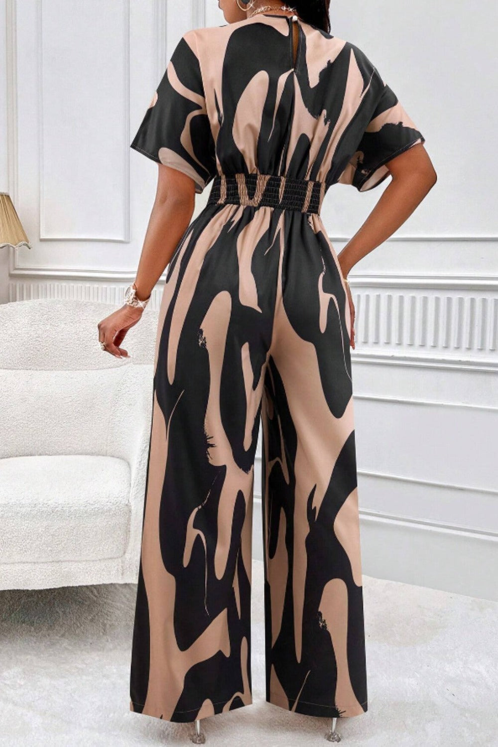 Printed V-Neck Short Sleeve Wide Leg Jumpsuit - Siennasass