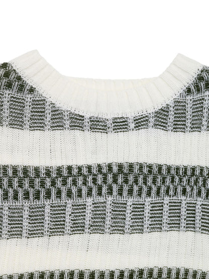 Perfee Contrast Round Neck Long Sleeve Sweater - Siennasass