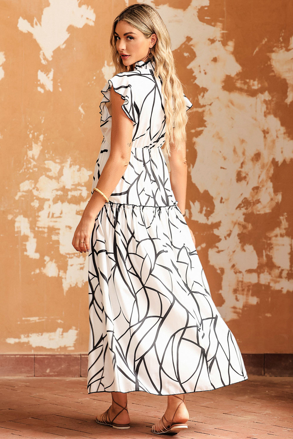Ruffled Printed Surplice Cap Sleeve Dress - Siennasass