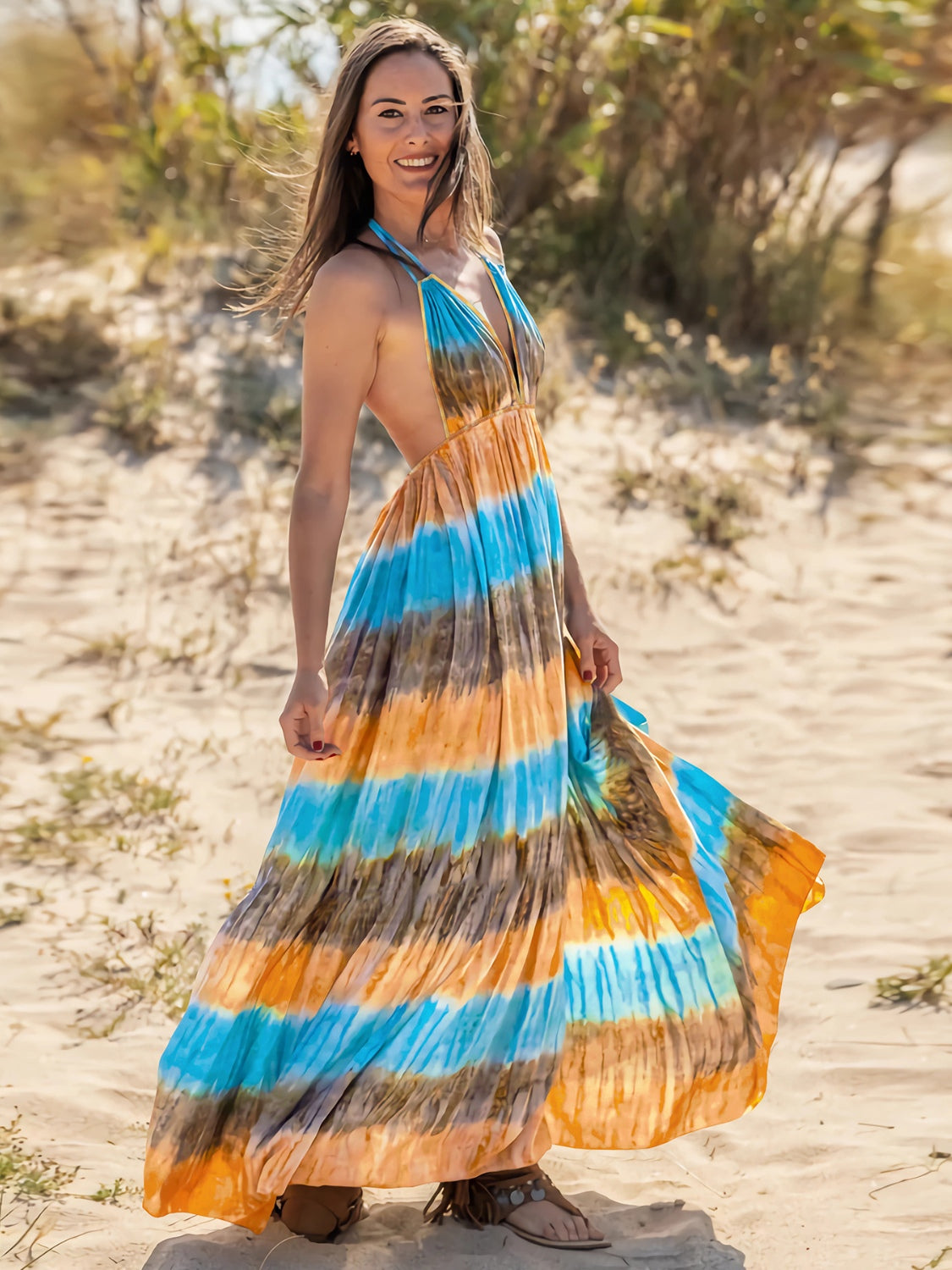 Tie-Dye Halter Neck Sleeveless Dress - Siennasass