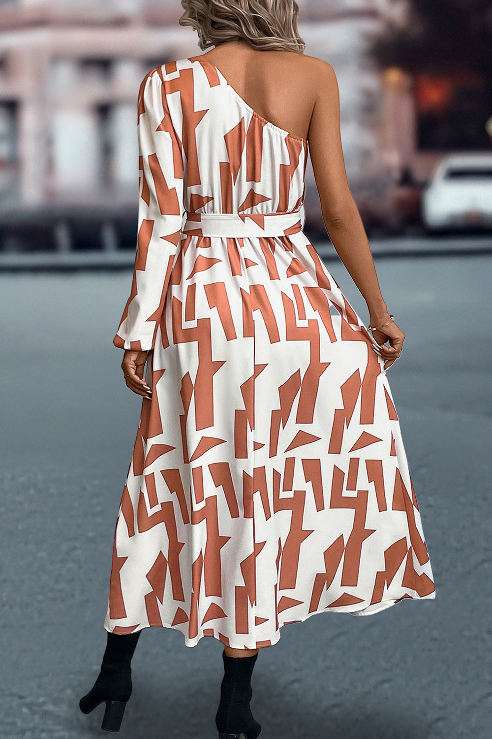 Printed One-Shoulder Tie Waist Dress - Siennasass