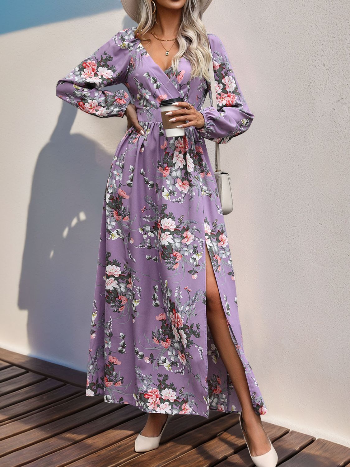 Slit Printed Surplice Long Sleeve Maxi Dress - Siennasass