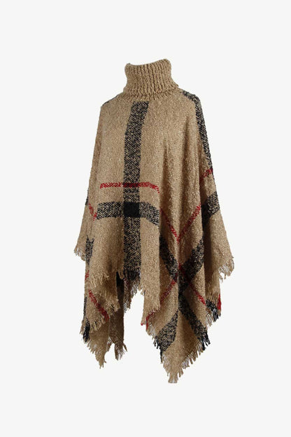 Plaid Turtleneck Raw Hem Poncho - Siennasass