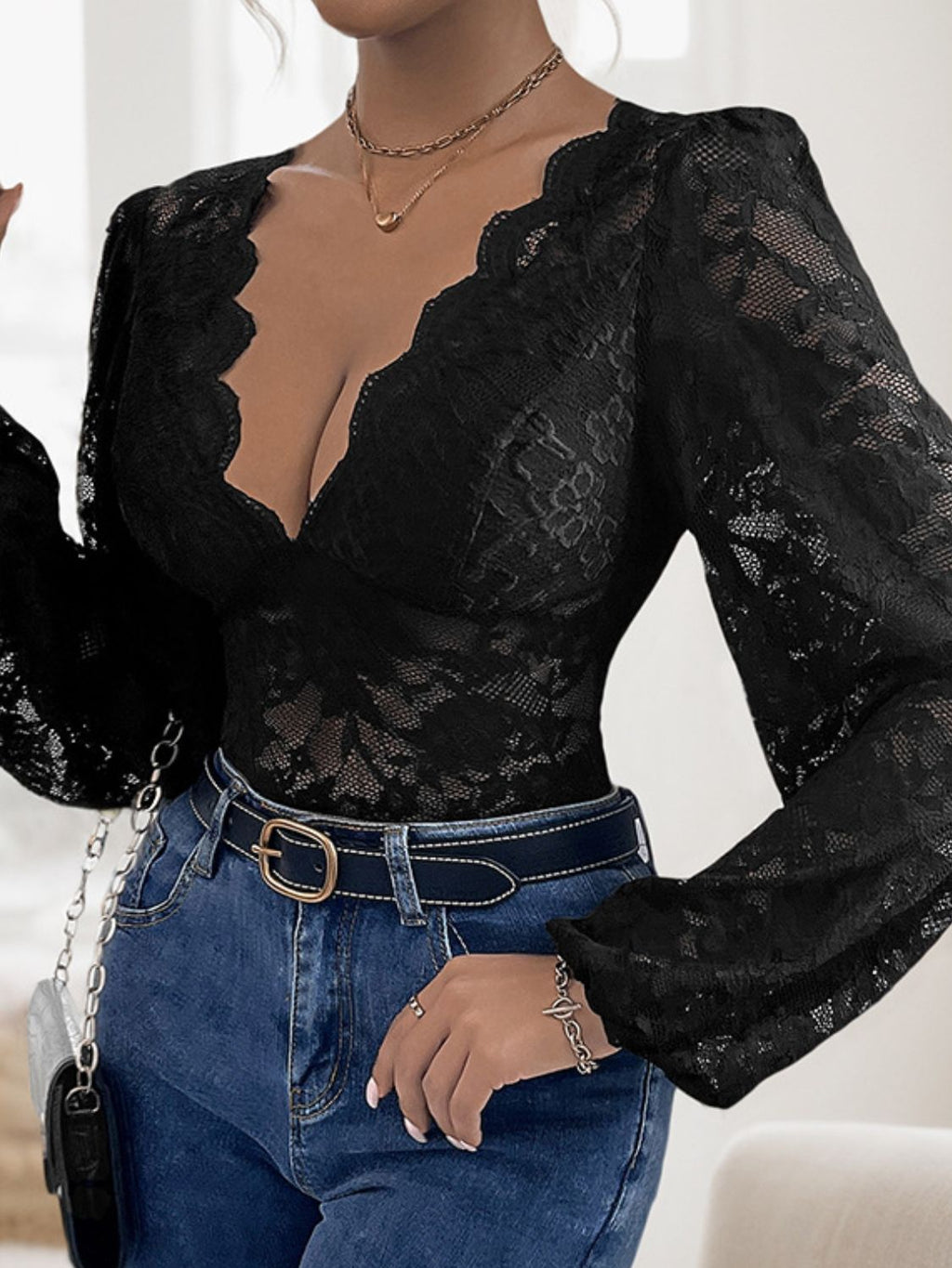 Perfee Lace Plunge Long Sleeve Bodysuit - Siennasass