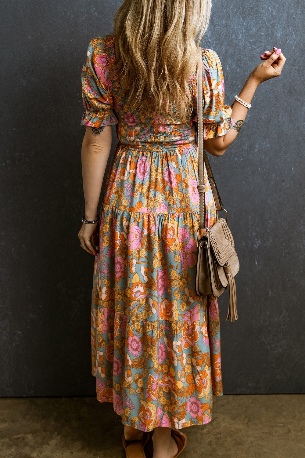 Smocked Printed Short Sleeve Dress - Siennasass
