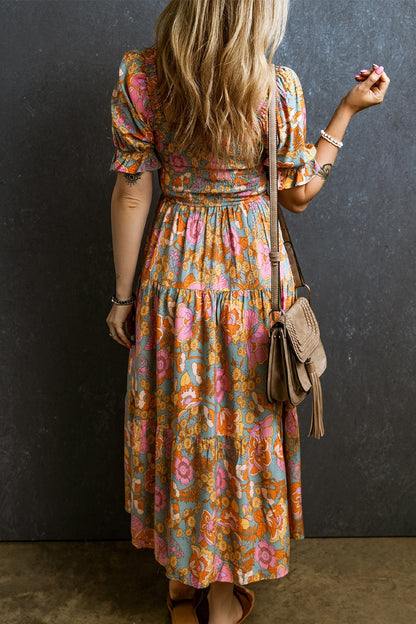 Smocked Printed Short Sleeve Dress - Siennasass