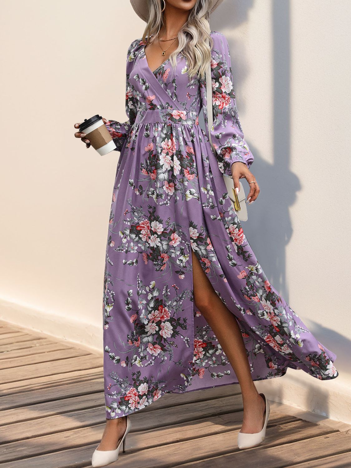 Slit Printed Surplice Long Sleeve Maxi Dress - Siennasass