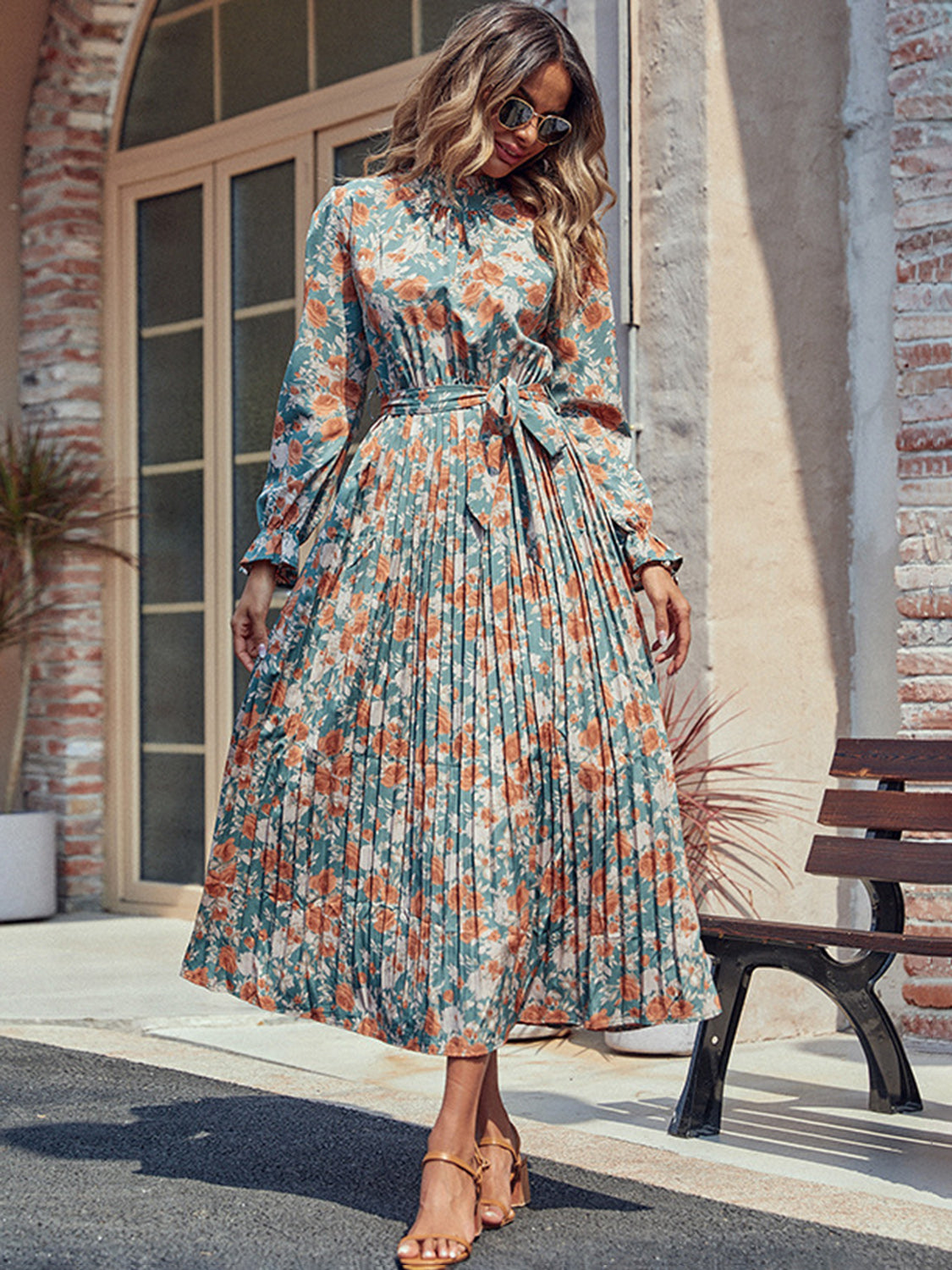 Perfee Tied Pleated Printed Mock Neck Long Sleeve Dress - Siennasass