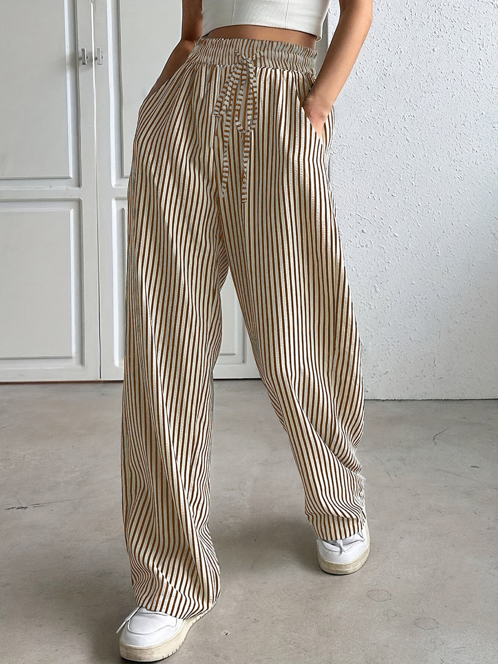 Drawstring Striped Elastic Waist Pants - Siennasass