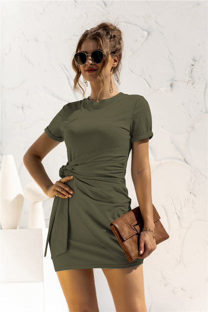 Round Neck Cuffed Sleeve Side Tie Dress - Siennasass