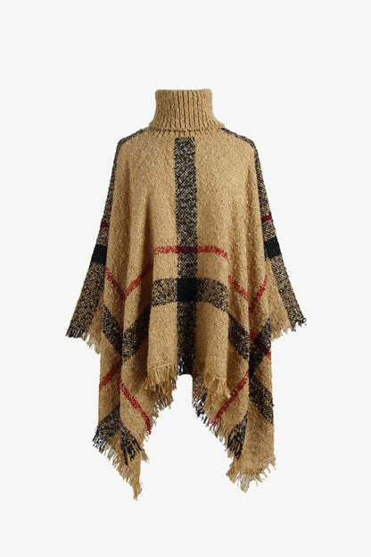 Plaid Turtleneck Raw Hem Poncho - Siennasass