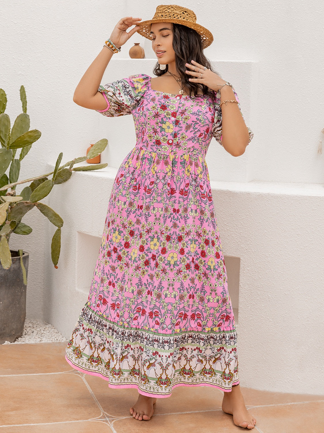 Plus Size Printed Square Neck Ruffle Hem Dress - Siennasass