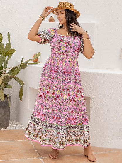 Plus Size Printed Square Neck Ruffle Hem Dress - Siennasass