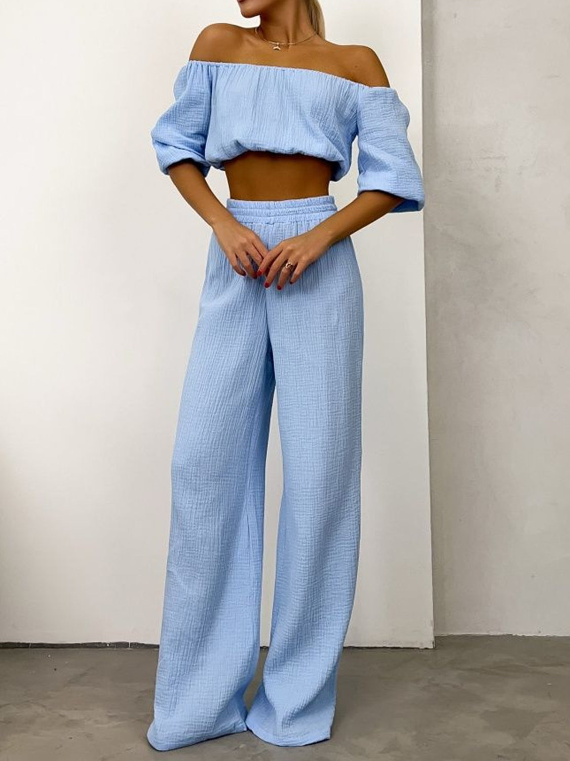 Off Shoulder Long Sleeve Top and Pants Set - Siennasass