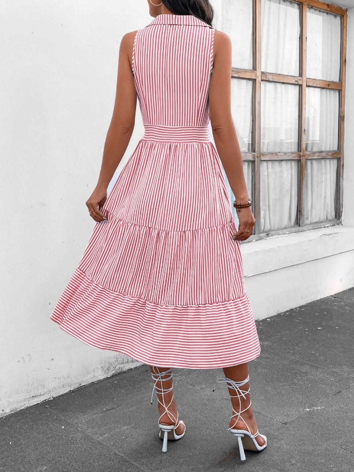 Striped Johnny Collar Sleeveless Midi Dress - Siennasass