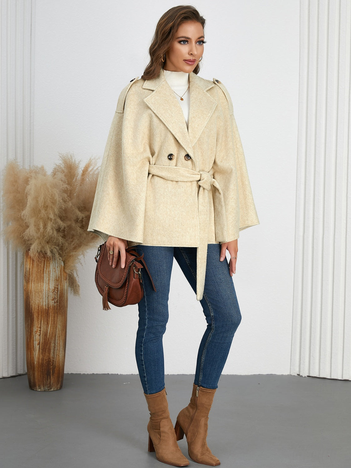 Double-Breasted Tie Waist Poncho - Siennasass