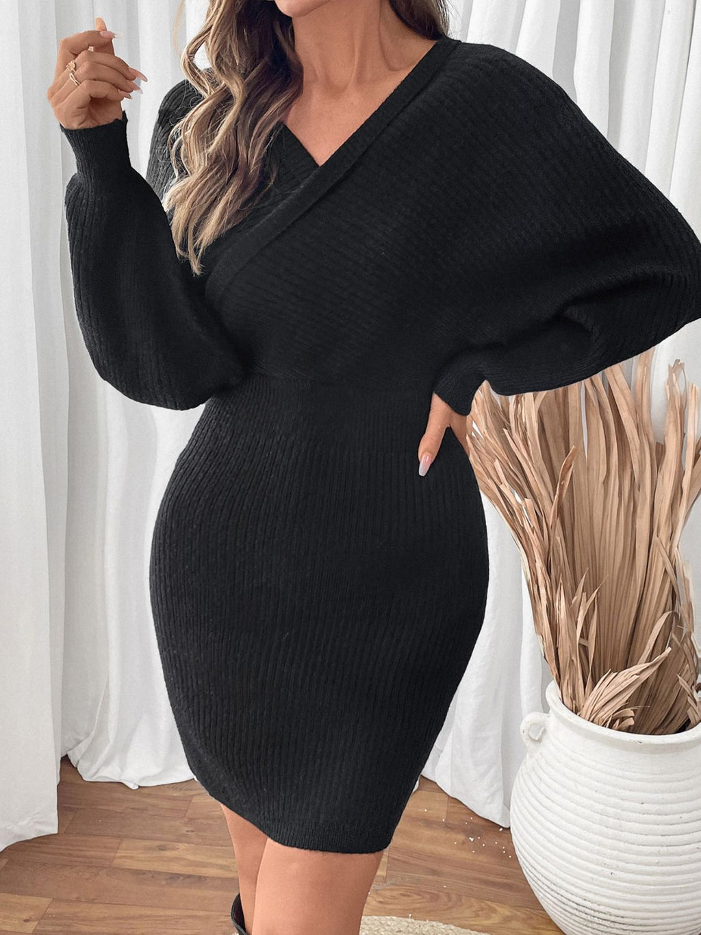 Perfee Surplice Long Sleeve Sweater Dress - Siennasass