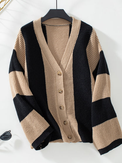 Gestreifte Strickjacke mit Waffelstrick und V-Ausschnitt sowie langen Ärmeln