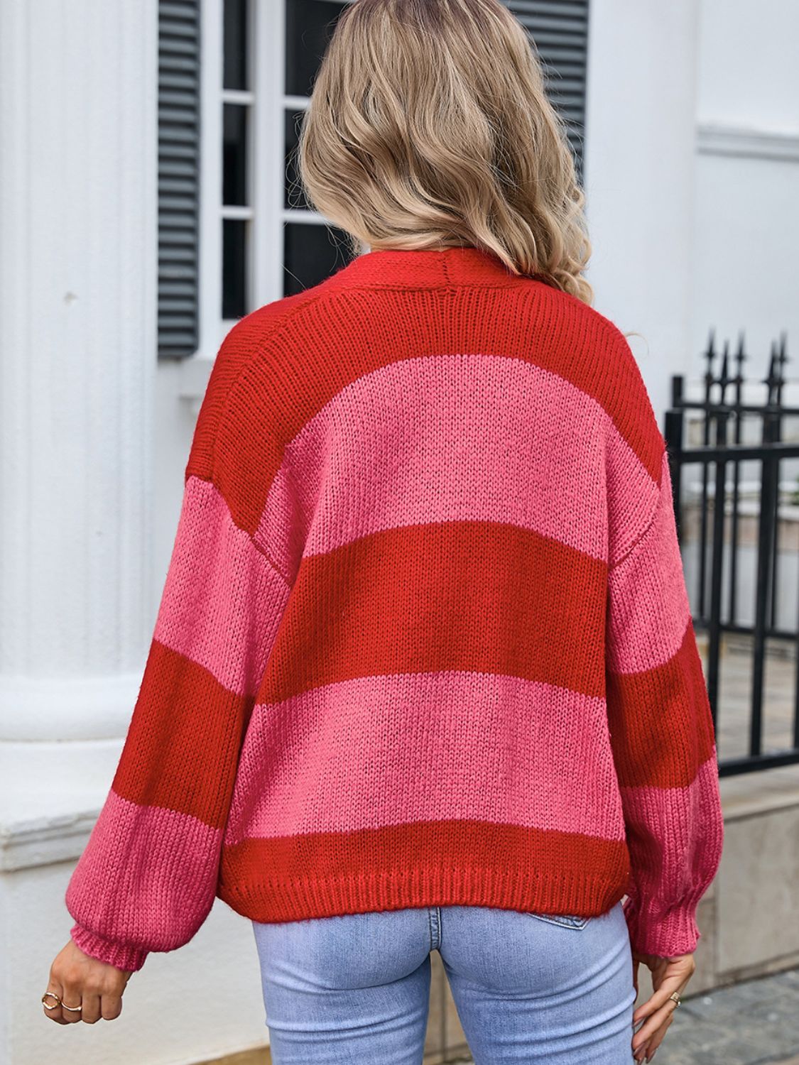 Striped Open Front Dropped Shoulder Cardigan - Siennasass