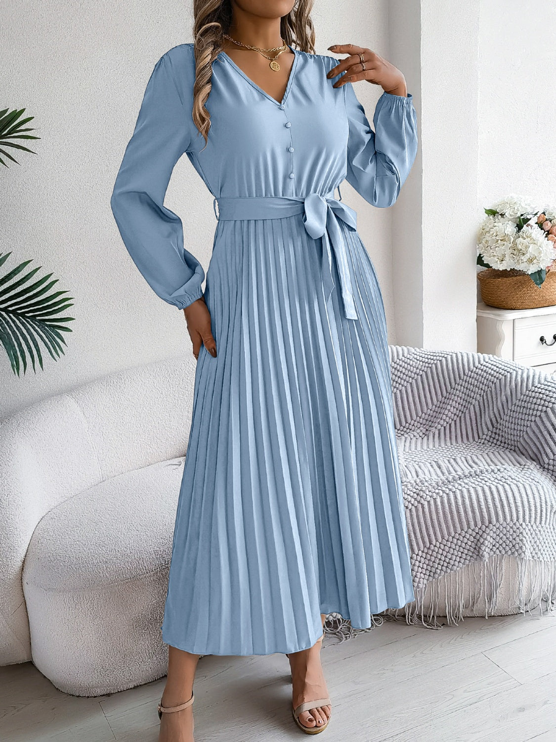 Pleated Tied V-Neck Long Sleeve Dress - Siennasass