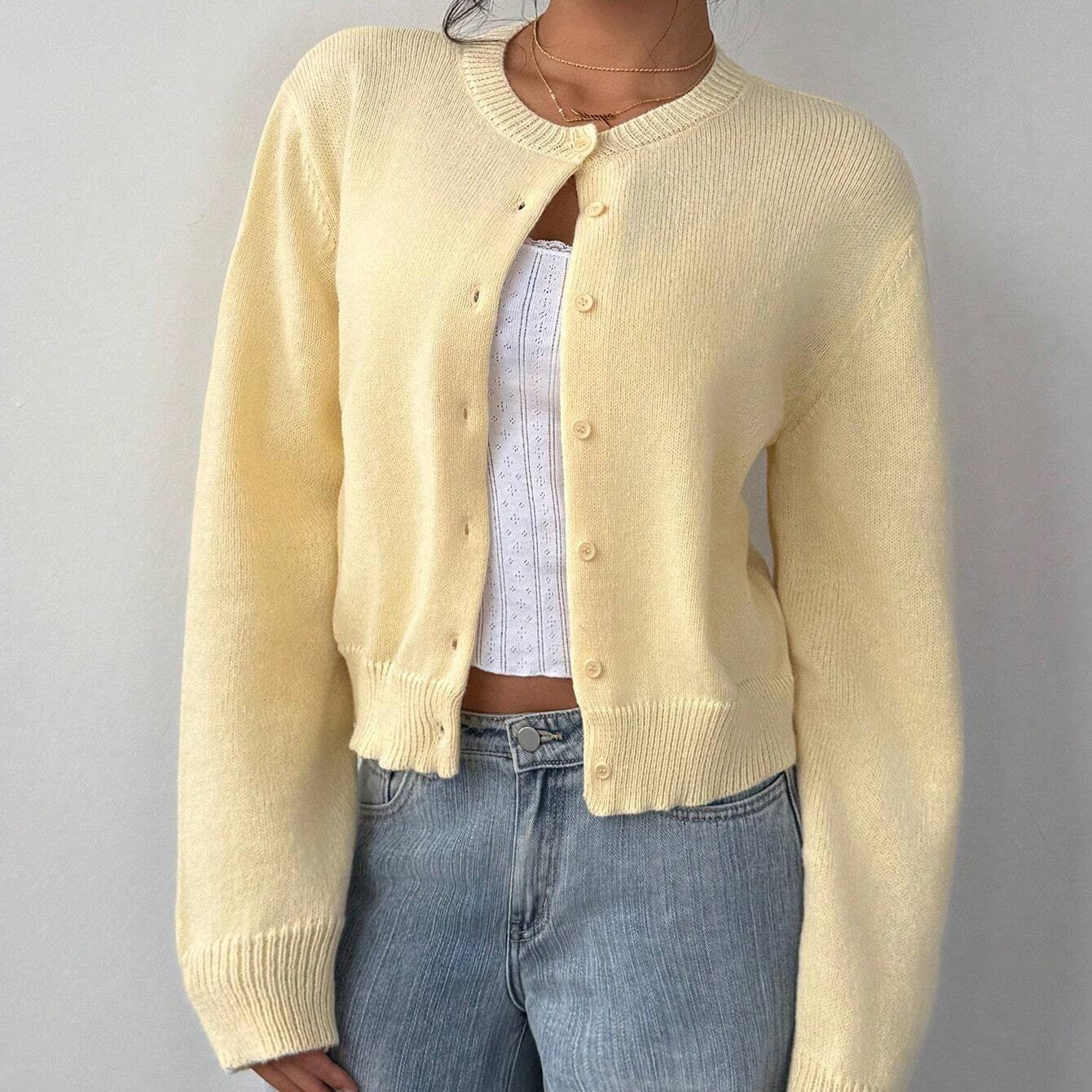 Chic Solid Color Slim Fit Short Cardigan Sweater - Long Sleeve Knit