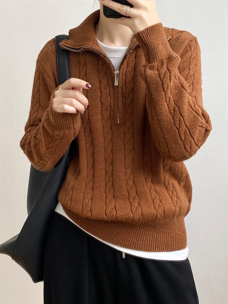 Cable-Knit Half Zip Long Sleeve Sweater - Siennasass