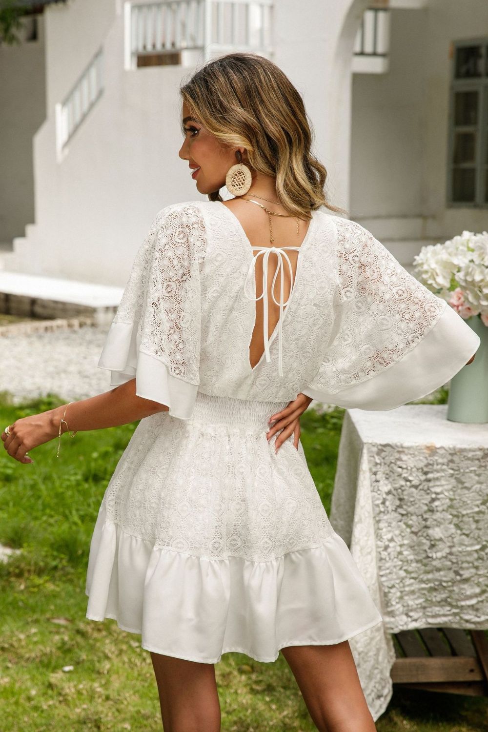 Lace Cutout Surplice Half Sleeve Dress - Siennasass