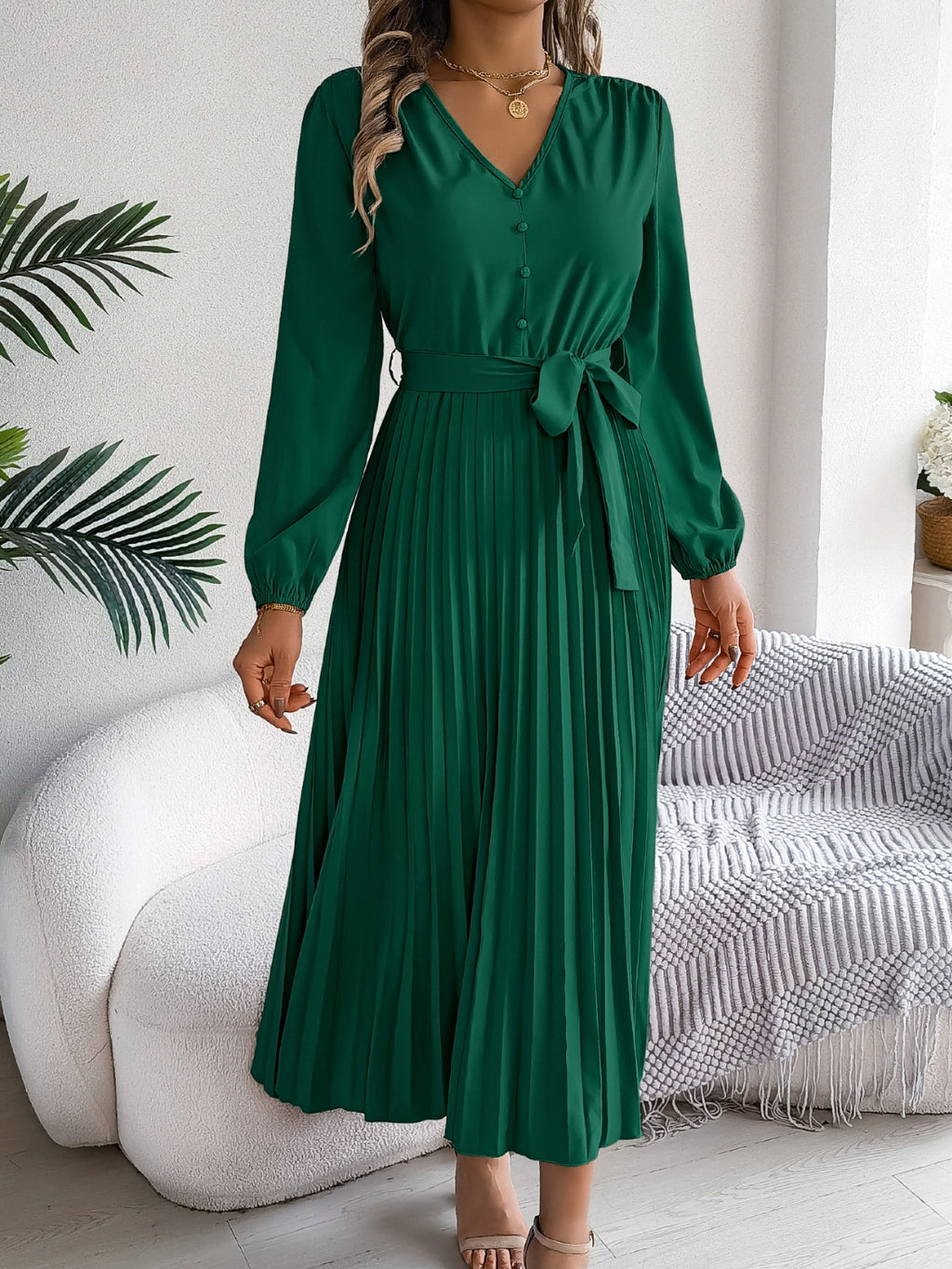 Pleated Tied V-Neck Long Sleeve Dress - Siennasass