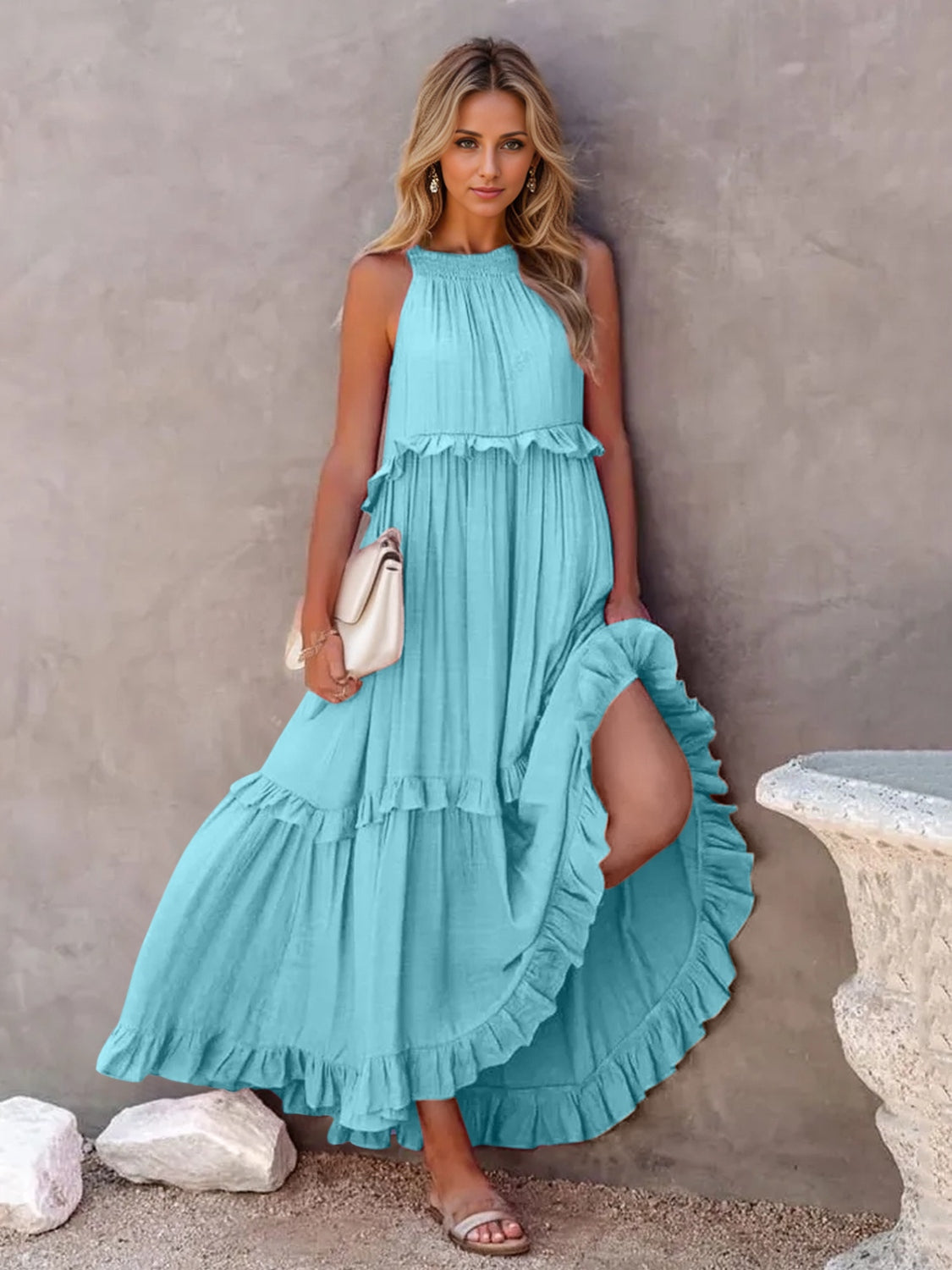 Ruffled Sleeveless Tiered Maxi Dress with Pockets - Siennasass