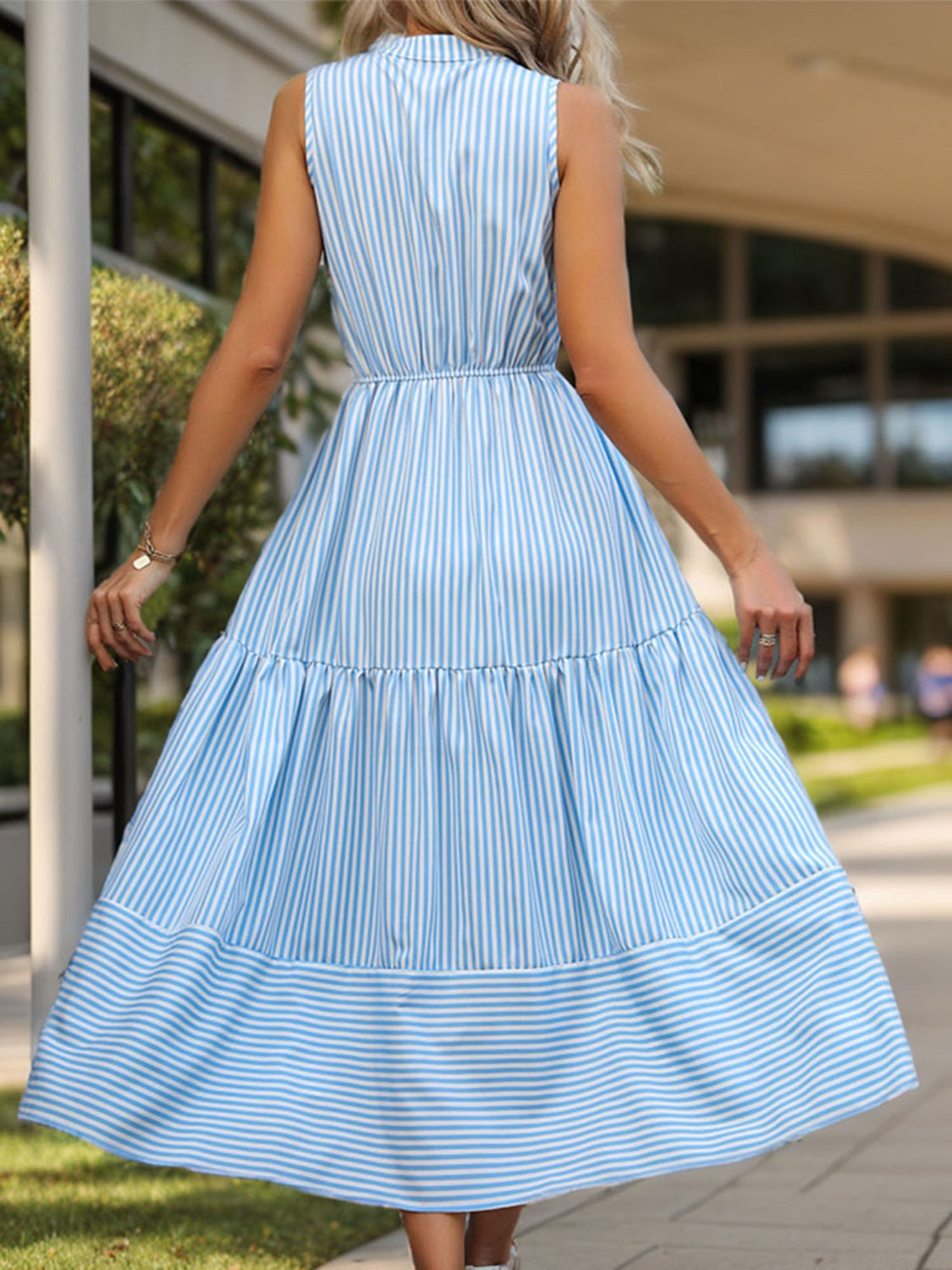 Striped Notched Sleeveless Midi Dress - Siennasass