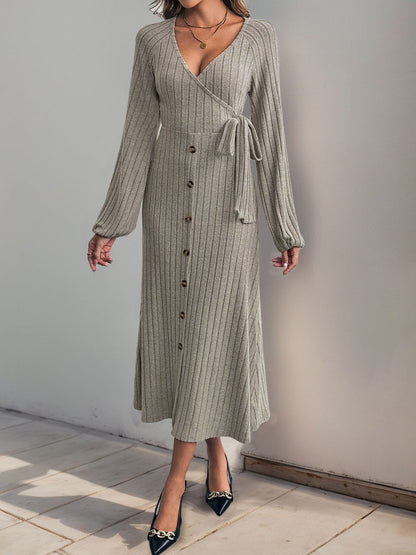 Perfee Ribbed Tied Surplice Long Sleeve Dress - Siennasass