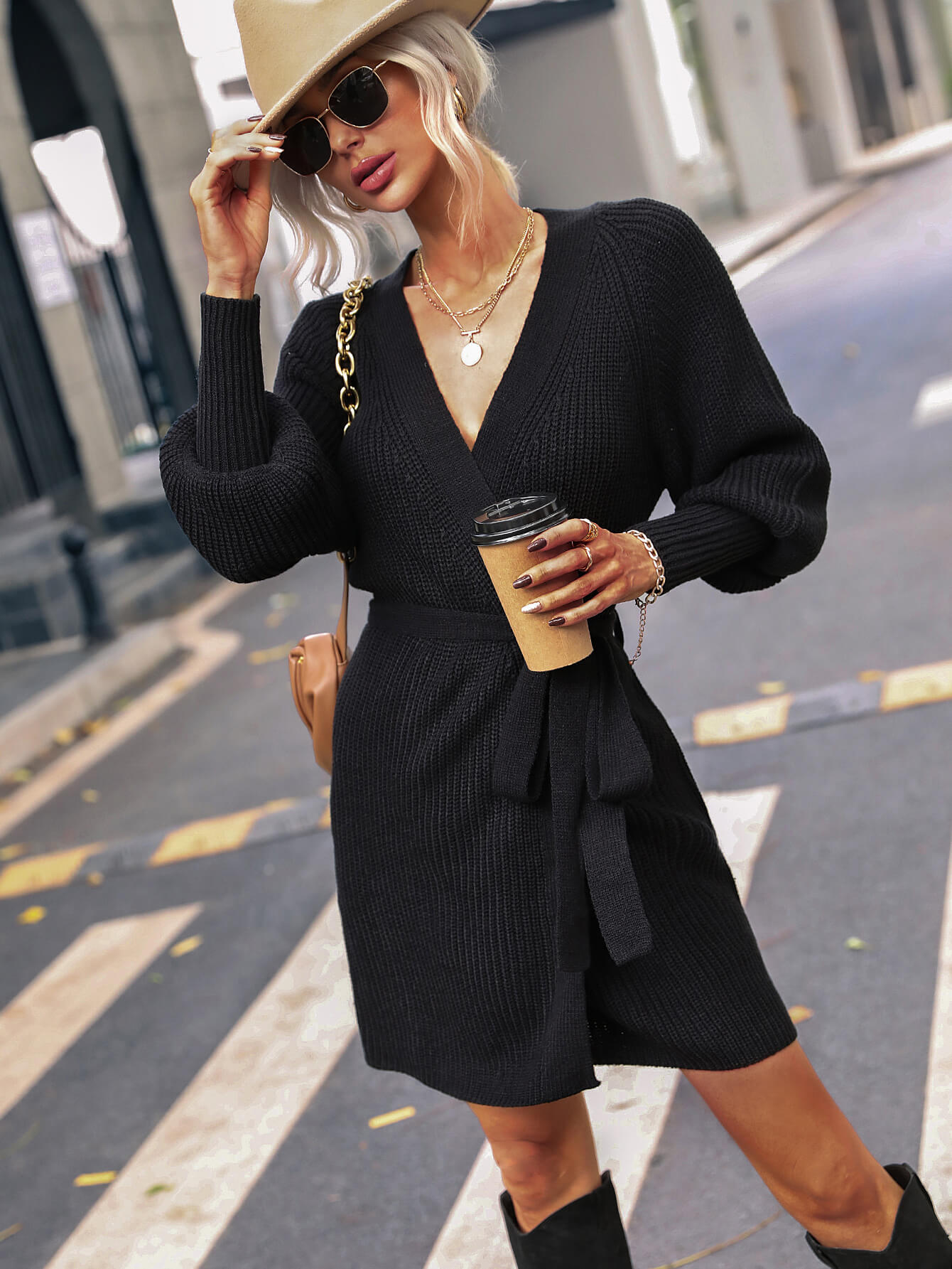 Belted Surplice Lantern Sleeve Wrap Sweater Dress - Siennasass