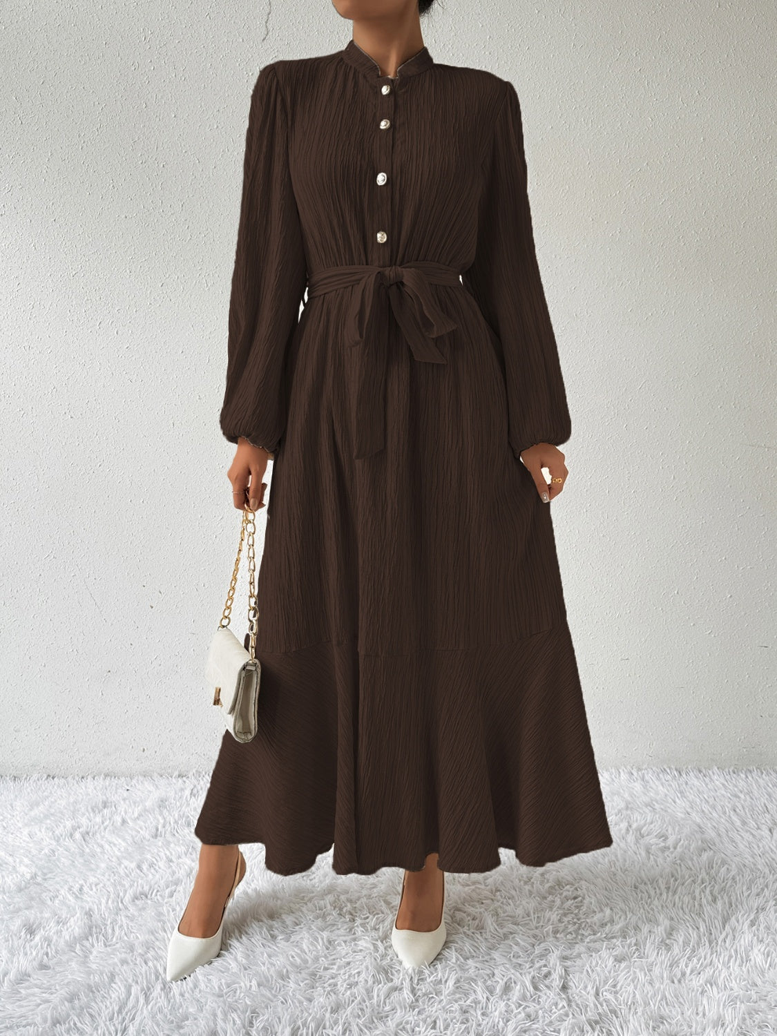 Tie Waist Long Sleeve Dress - Siennasass