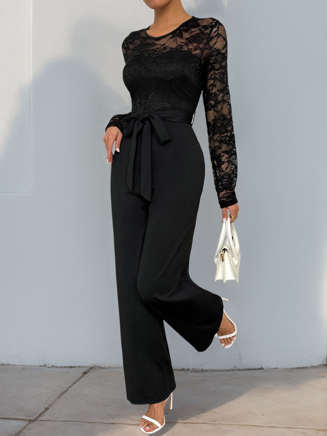 Perfee Lace Round Neck Long Sleeve Jumpsuit - Siennasass