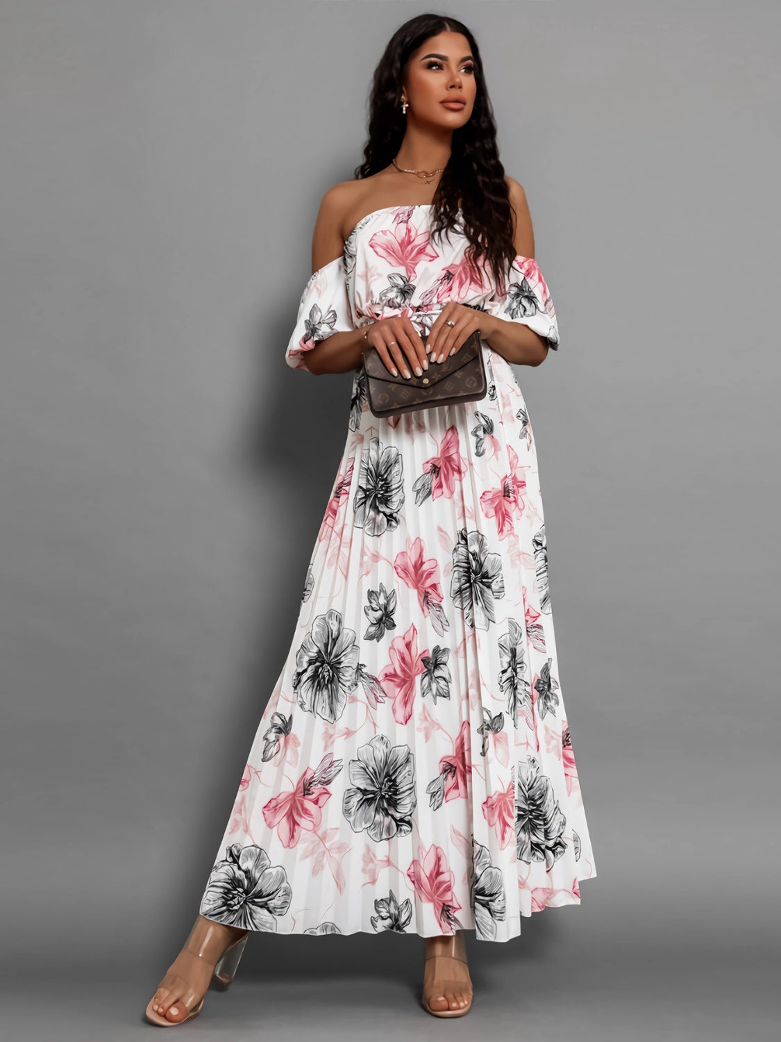 Pleated Floral Off-Shoulder Short Sleeve Midi Dress - Siennasass