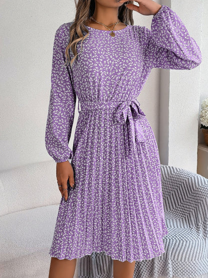 Ditsy Floral Tie Waist Pleated Dress - Siennasass