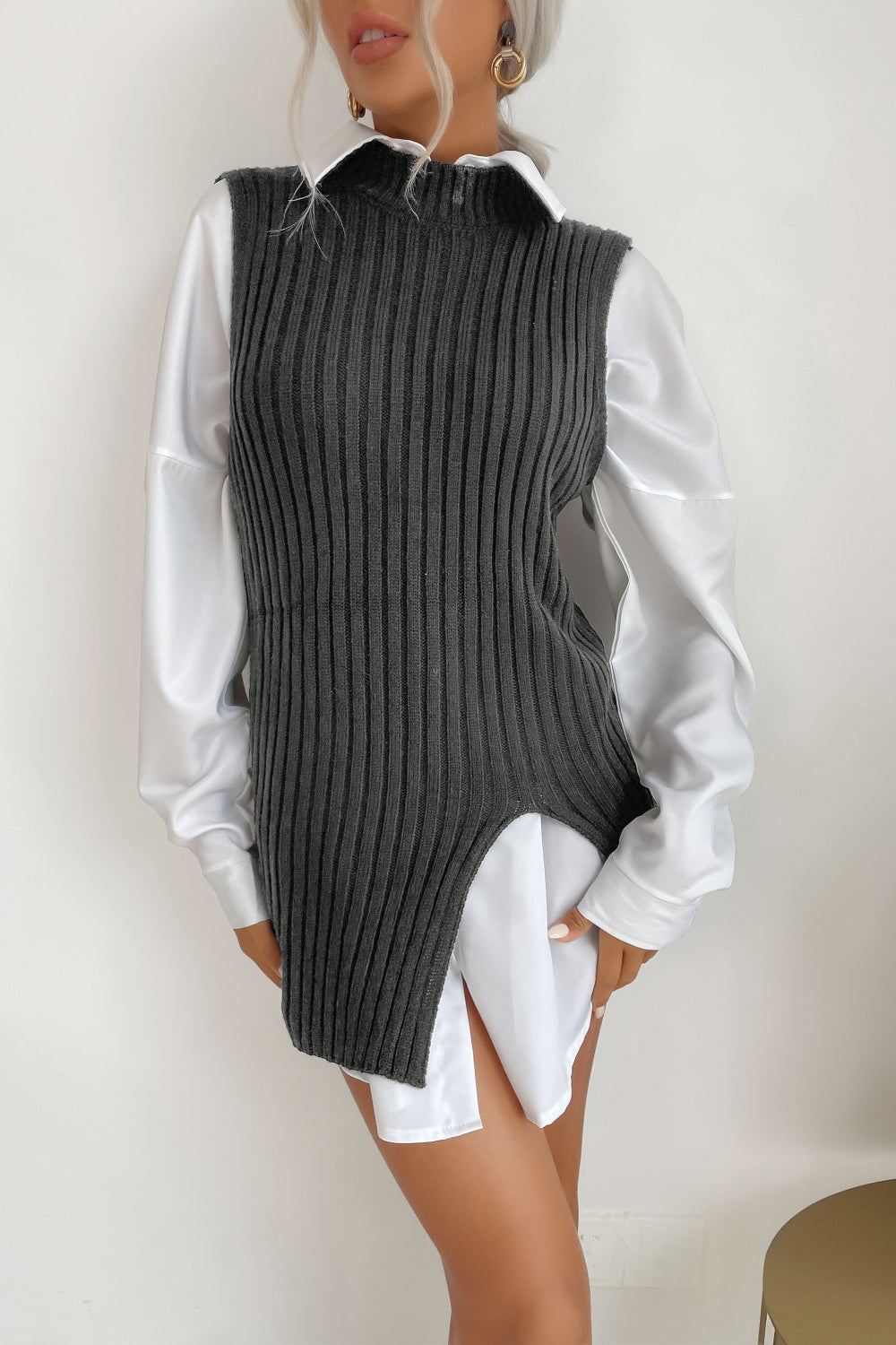 Slit Hem Sweater Vest Dress - Siennasass