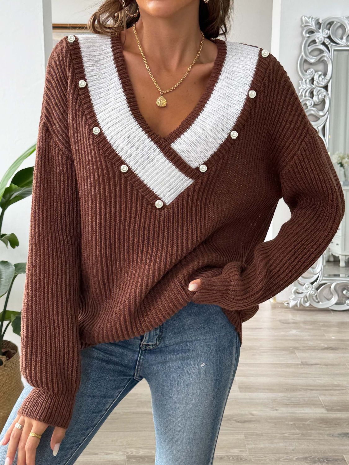 Contrast Trim Dropped Shoulder Long Sleeve Sweater - Siennasass