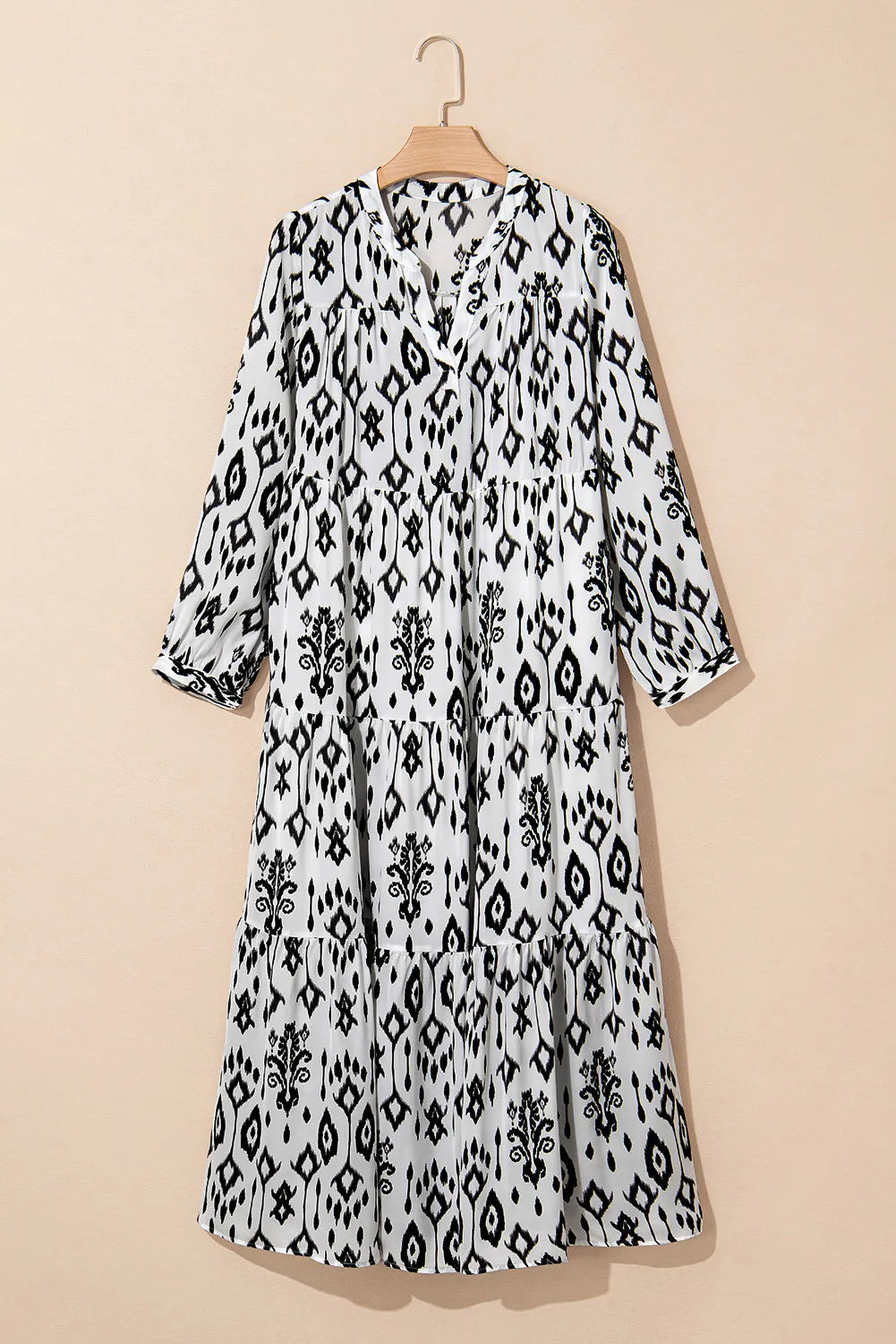 Tiered Printed Notched Long Sleeve Midi Dress - Siennasass