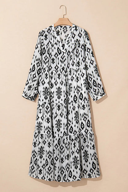 Tiered Printed Notched Long Sleeve Midi Dress - Siennasass