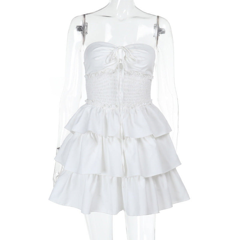 Tube Top Hollow-out Cinched White Cake Dress Damenkleid