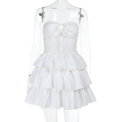 Tube Top Hollow-out Cinched White Cake Dress Damenkleid