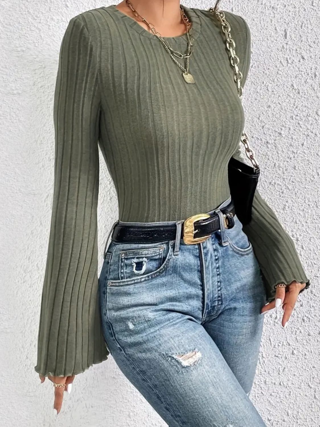 Ribbed Round Neck Flare Sleeve T-Shirt - Siennasass