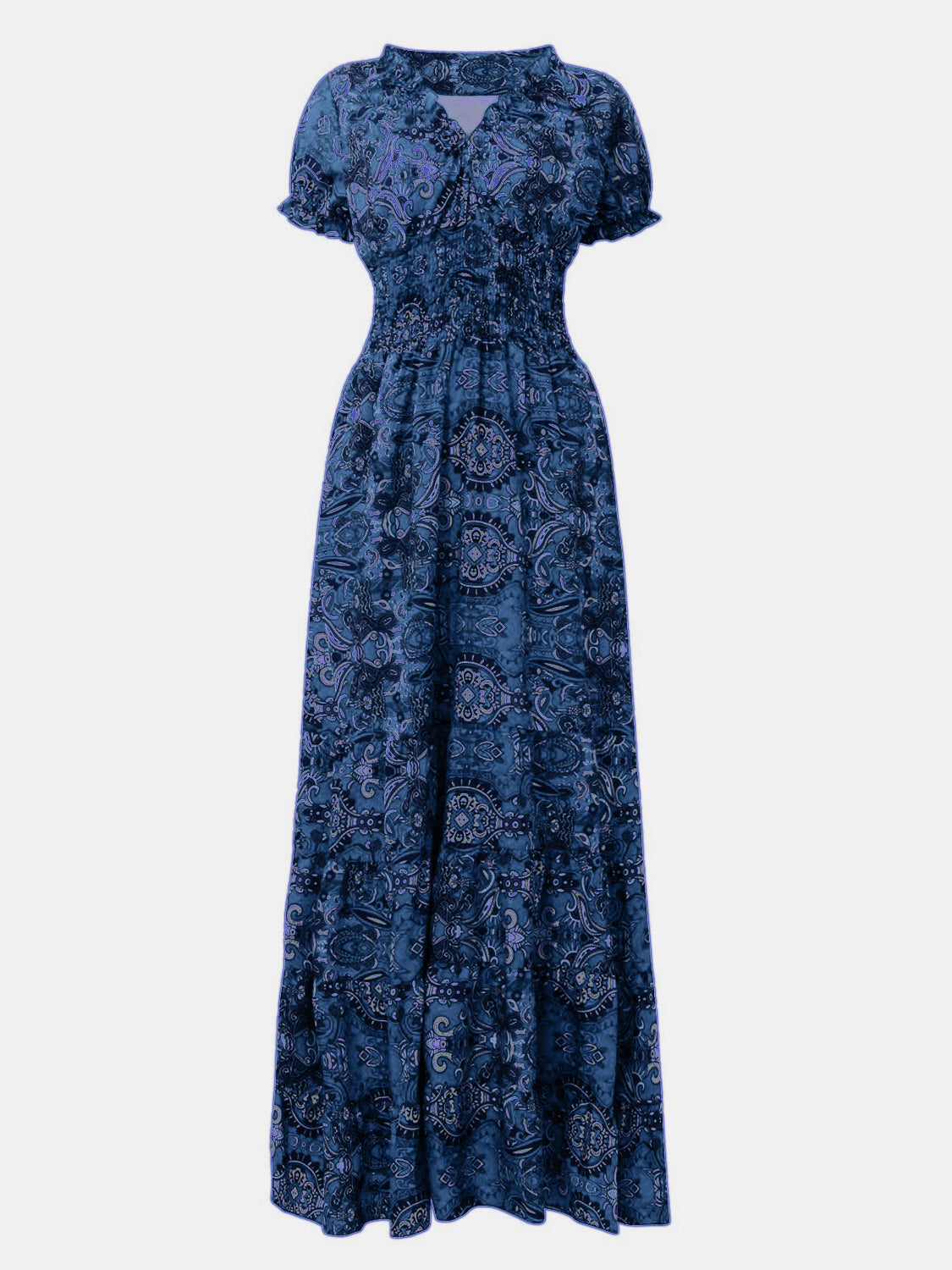Full Size Smocked Printed V-Neck Short Sleeve Dress - Siennasass
