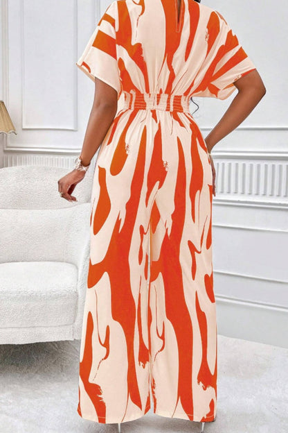 Printed V-Neck Short Sleeve Wide Leg Jumpsuit - Siennasass