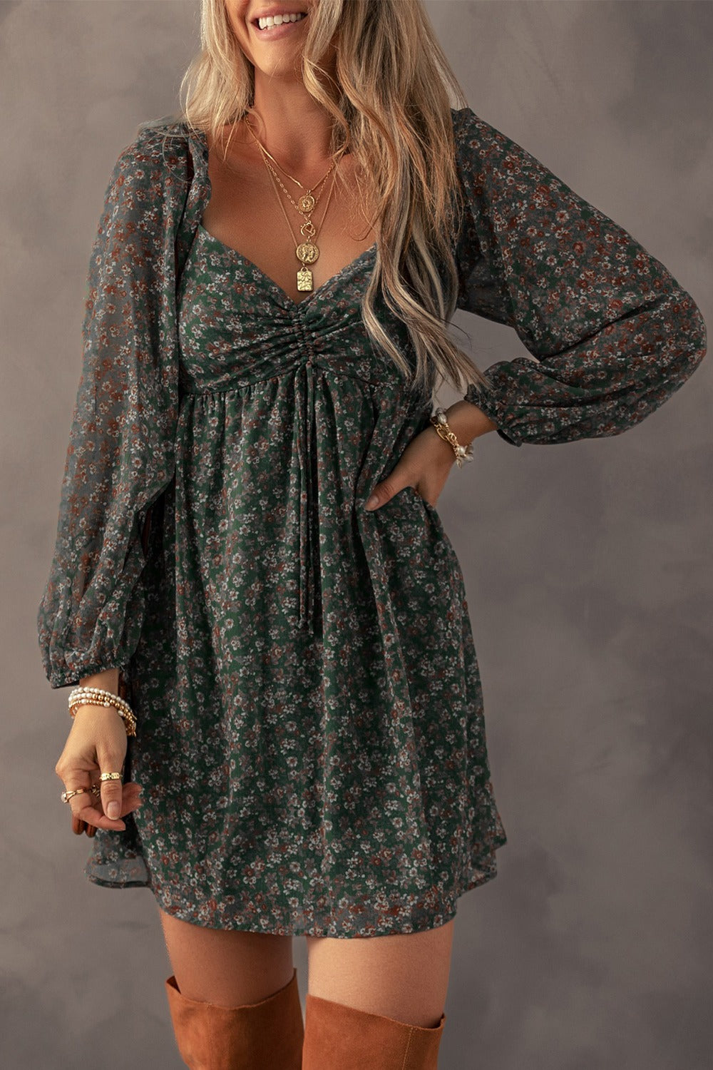 Ruched Printed Long Sleeve Mini Dress - Siennasass