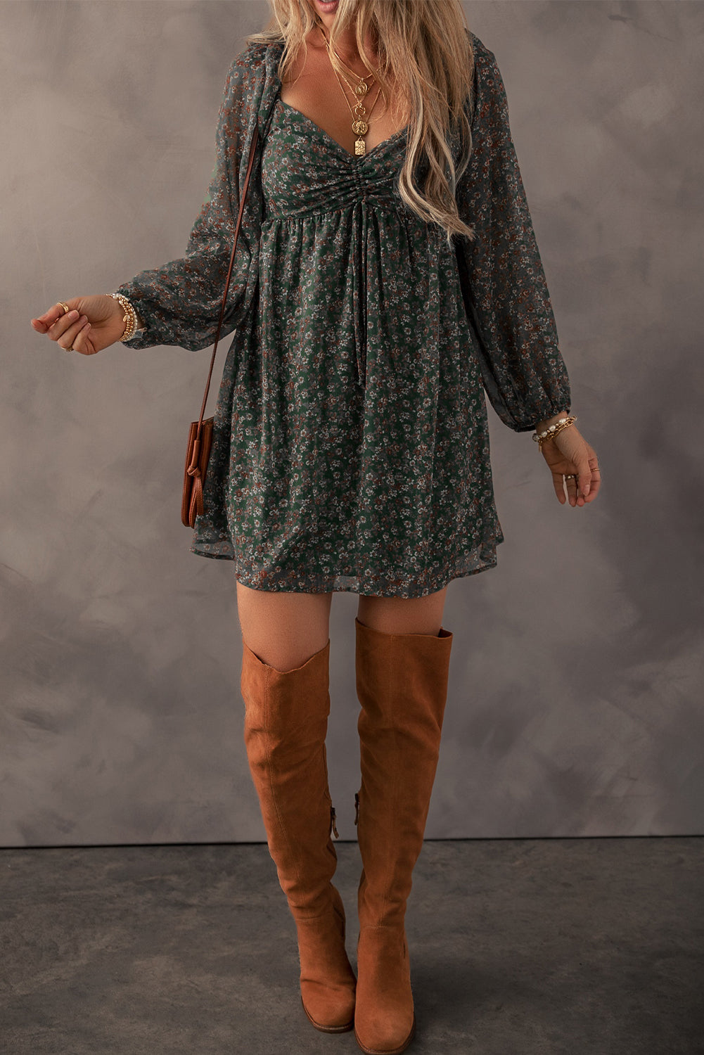 Ruched Printed Long Sleeve Mini Dress - Siennasass