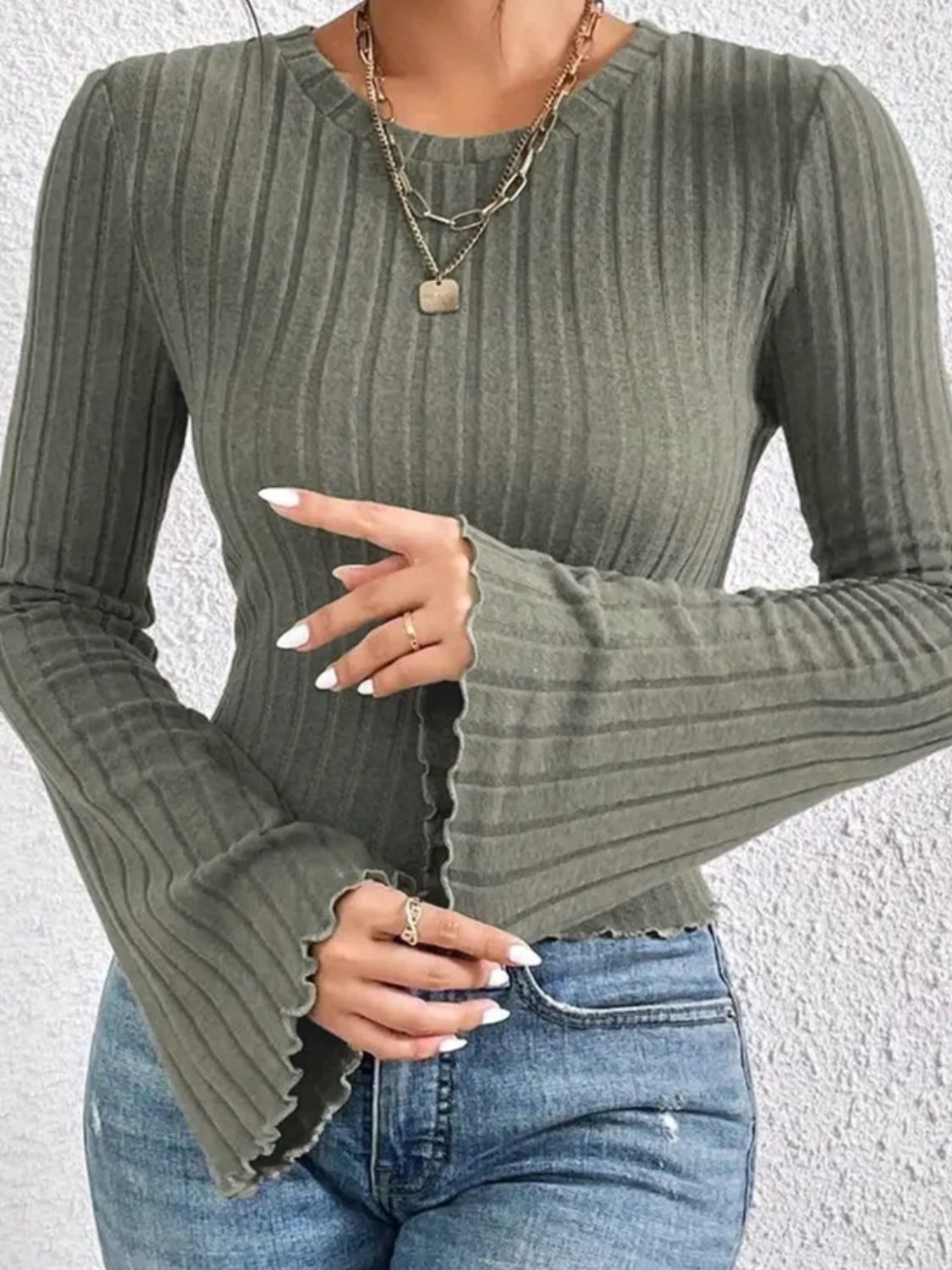 Ribbed Round Neck Flare Sleeve T-Shirt - Siennasass