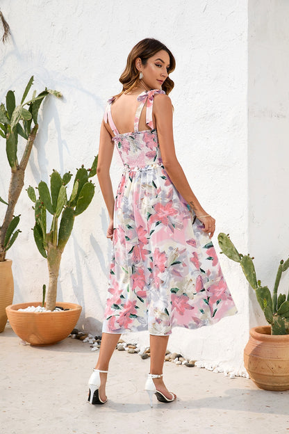 Smocked Printed Square Neck Midi Dress - Siennasass
