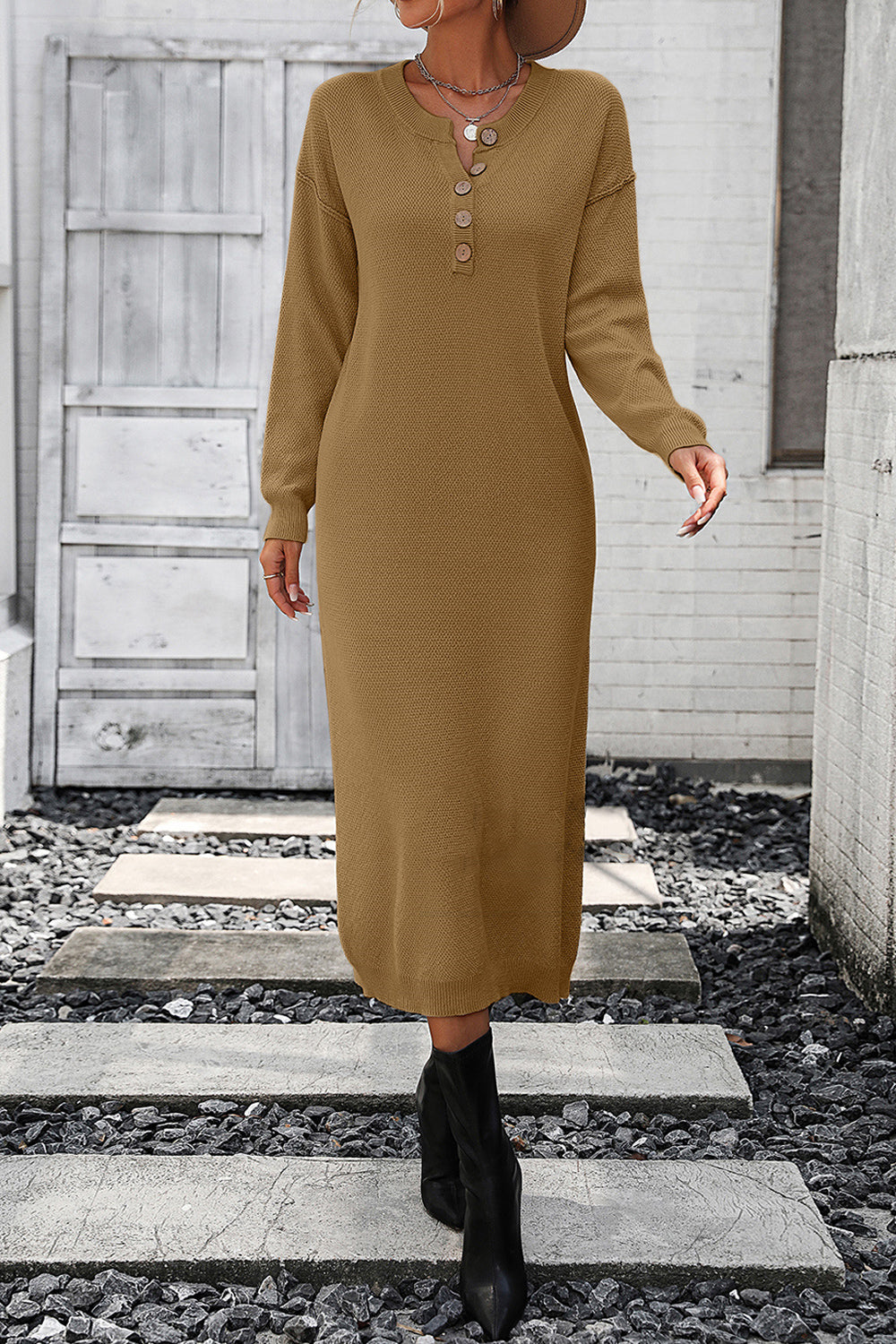 Decorative Button Notched Dropped Shoulder Sweater Dress - Siennasass